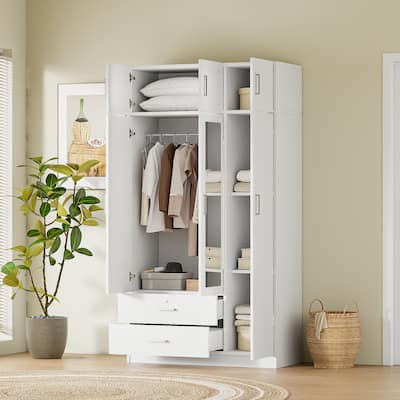 3-Door Mirror Wardrobe with 2 Drawers and Top Cabinet, Freestanding Wardrobe Cabinet for Bedroom