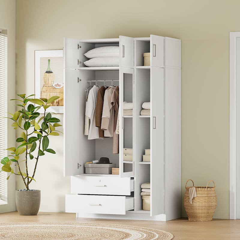 3-Door Wardrobe with Dressing Mirror Door for Rental Housing Bedroom, Mirror Armoires Closet with 2 Drawers & Top Cabinet, White