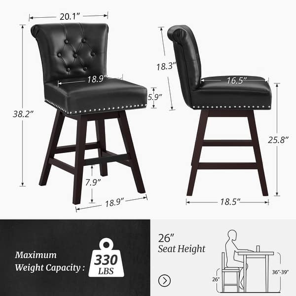 dimension image slide 5 of 6, 26 in. Set of 3 Upholstered Bar Stools Counter Height Barstool 360° Swivel with Curved Backrest, Armless Stool