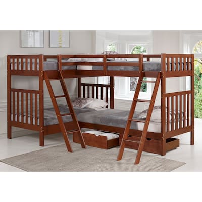 Aurora Solid Wood Twin Over Twin Bunk Bed with Quad Bunk Extension & Storage Drawers