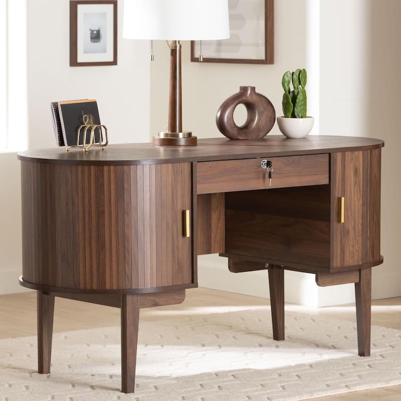 Hayes Wood Writing Desk - Mid-Century Modern Oval Desk with Locking Drawer and Sliding Tambour Doors for Office or Home