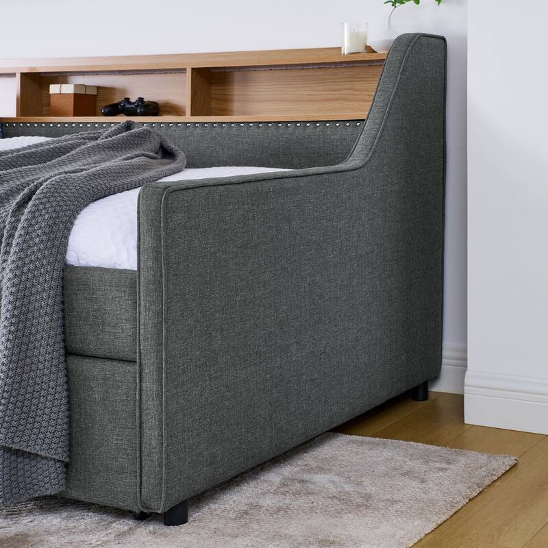 Wooden Platform Bed with Wireless Charging