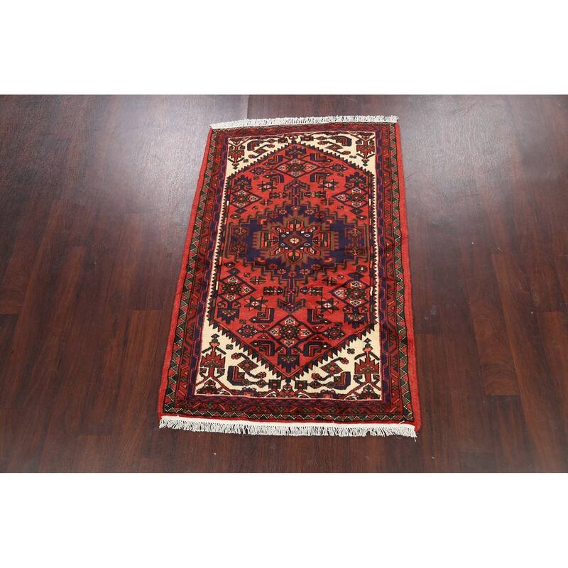 Geometric Hamedan Persian Area Rug Wool Handmade Foyer Carpet - 3'2" x 4'11"