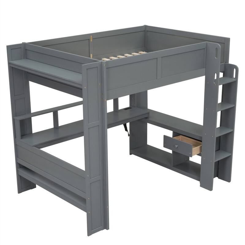 Wood Twin/Full Size Gaming Loft Bed with Bulit-in Desk and Multi-storage Shelves, Kids Loft Bedframe with LED & Charging Station