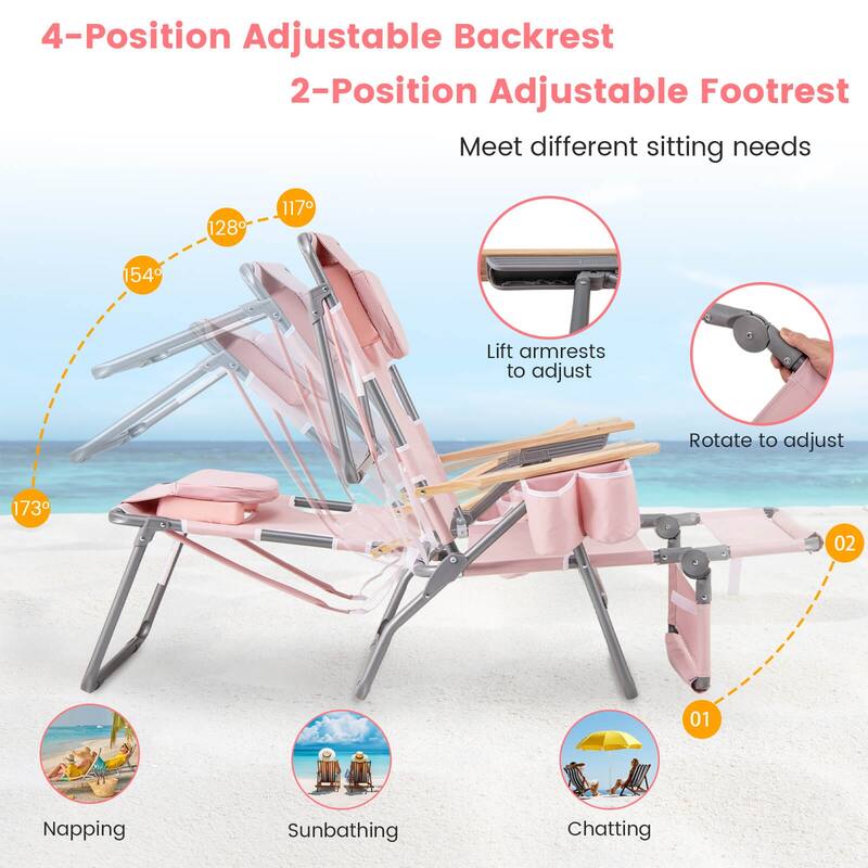 Costway 1/2 PCS 3-IN-1 Foldable Beach Chair with Face Hole, Footrest,