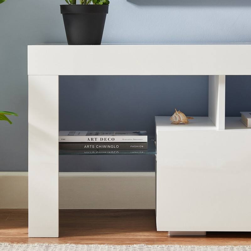 Modern TV Stand with RGB LED Lights & Remote, Tempered Glass Shelves