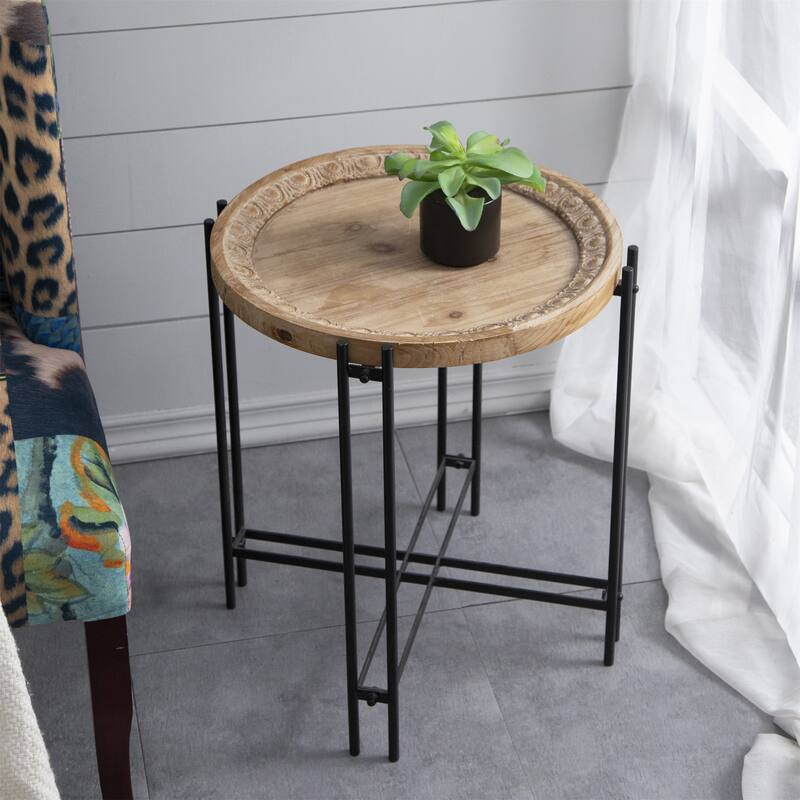 Round Side Table with Wood Top for Living Room