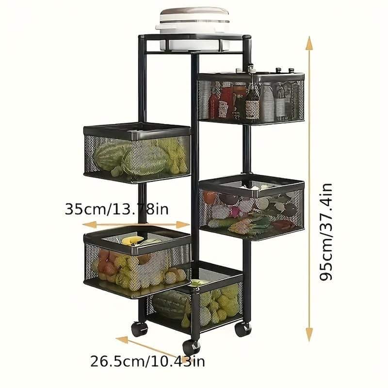 5-Tier Rotating Storage Shelf, Square Metal Kitchen Cart with Wheels