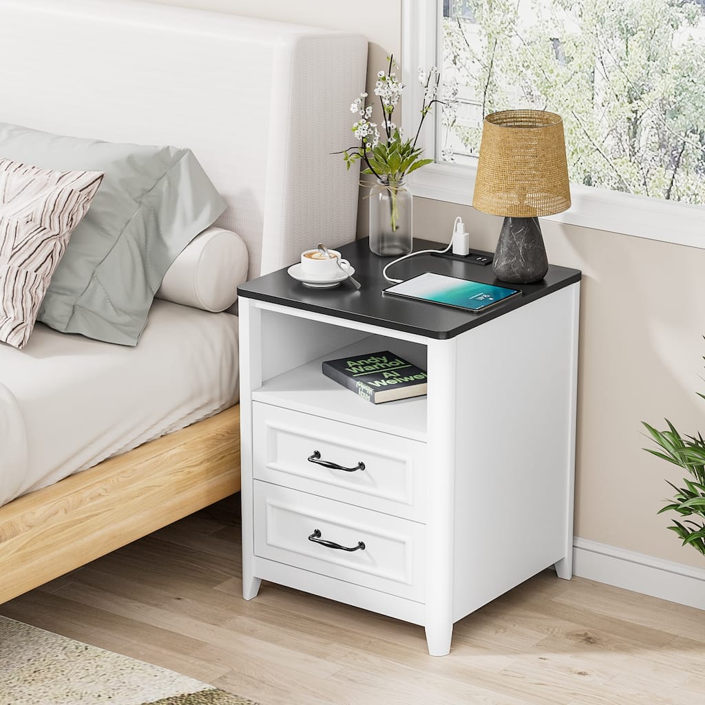 Anmytek Modern 2-Drawer Nightstand with Charging Station Wood Side Table for Bedroom