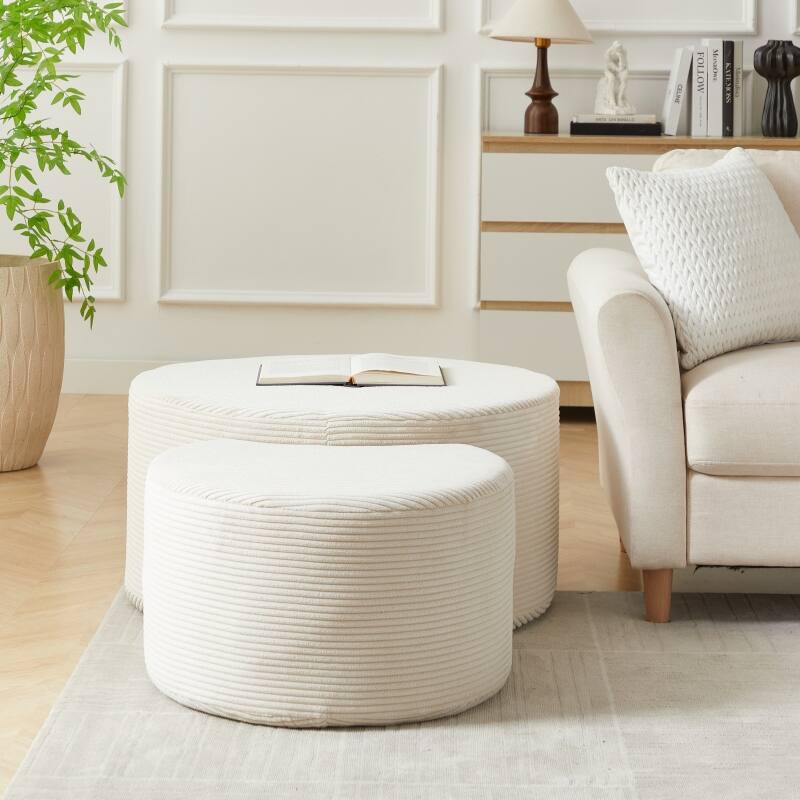 Roomfitters Nesting Ottoman Coffee Table Set of 2, Upholstered Round Foam Tables for Living Room