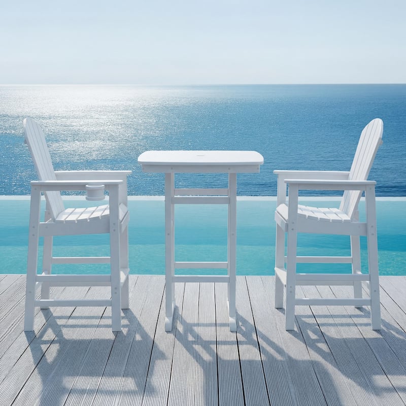 3-Piece HDPE Bar-Height Patio Set, 42.1" Square High Top Pub Table with Umbrella Hole + 2 Bar Stools with Cup Holders - White