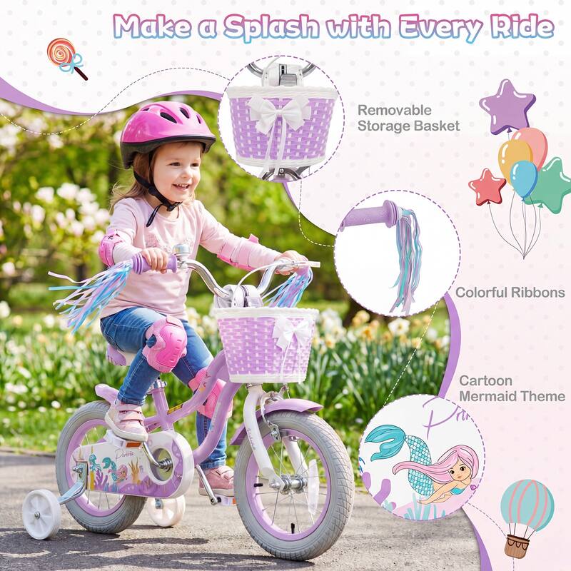 Gymax 12'' Kids Bike w/Training Wheels Hand Coaster Brakes Adjustable - Purple