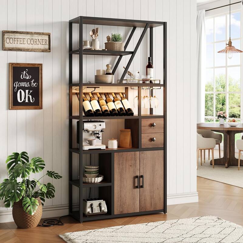 Farmhouse Bar Cabinet with Wine Rack,Bakers Rack with Power Outlet and LED Light - Brown