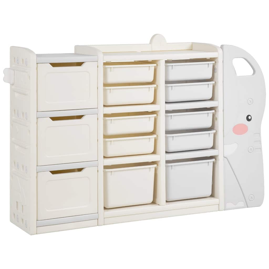4-Tier Beige HDPE Kids Toy Organizer Bins with Bookshelf Storage and Book Rack for Playroom or Nursery - 53.7 x 12.6 x 38.2 in