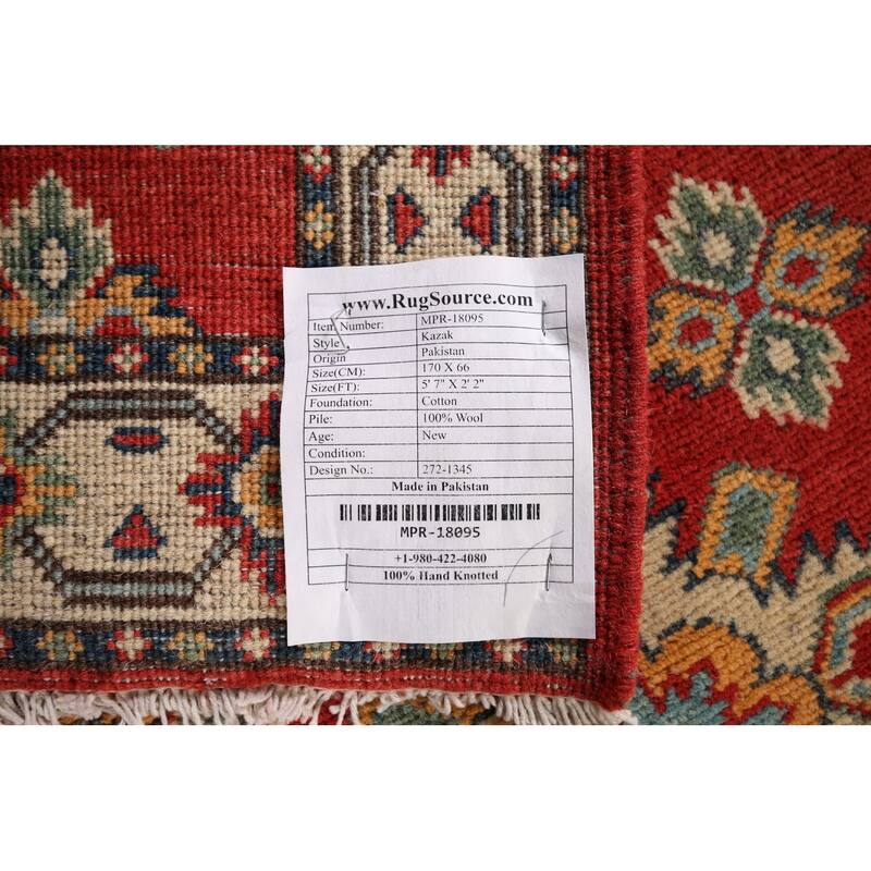 Geometric Red Kazak Oriental Runner Rug Handmade Wool Carpet - 2'2" x 5'7"