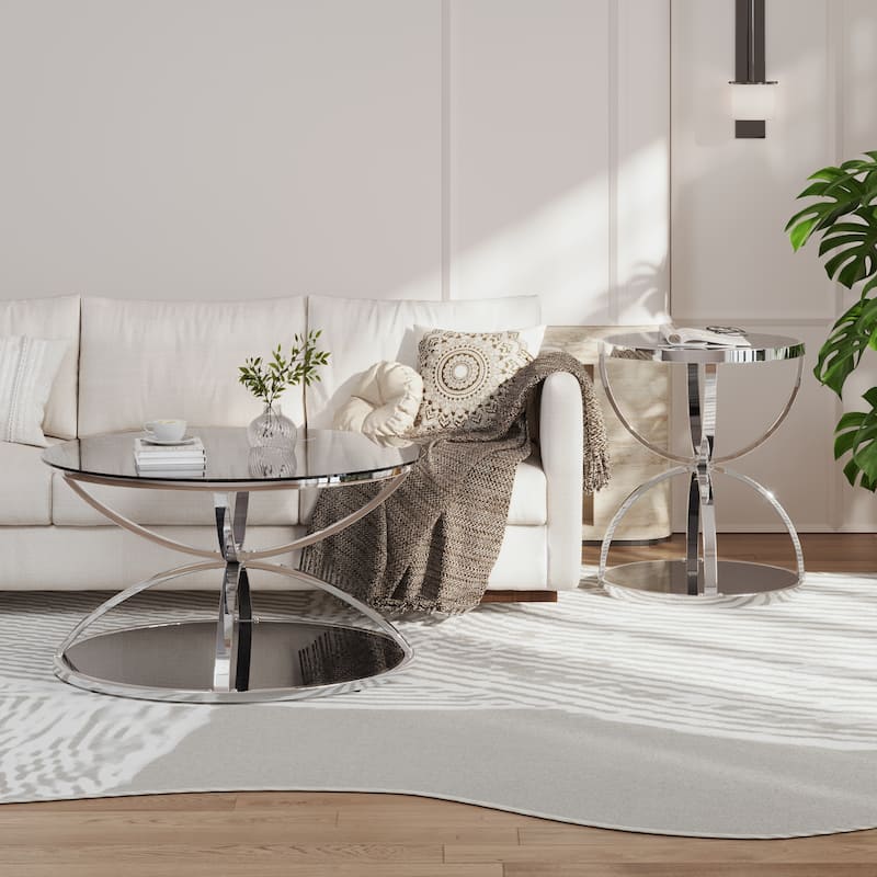 Modern 2 Tiers Glass Coffee Table with Ring-Shaped Metal Frames - Gray+Chrome(Set of 2)