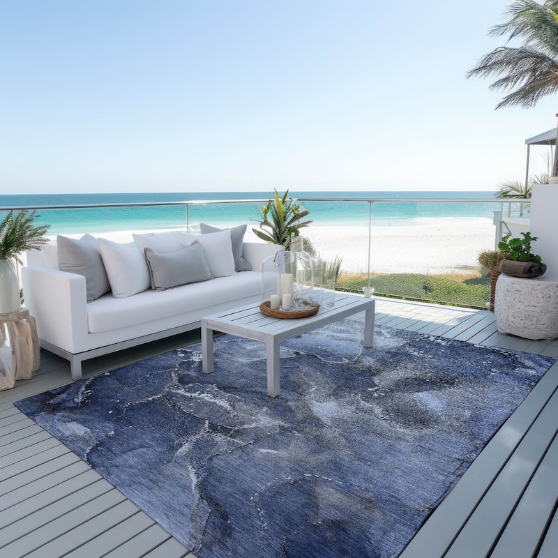 Machine Washable Indoor/ Outdoor Abstract Chantille Rug - Navy - 9' x 12'