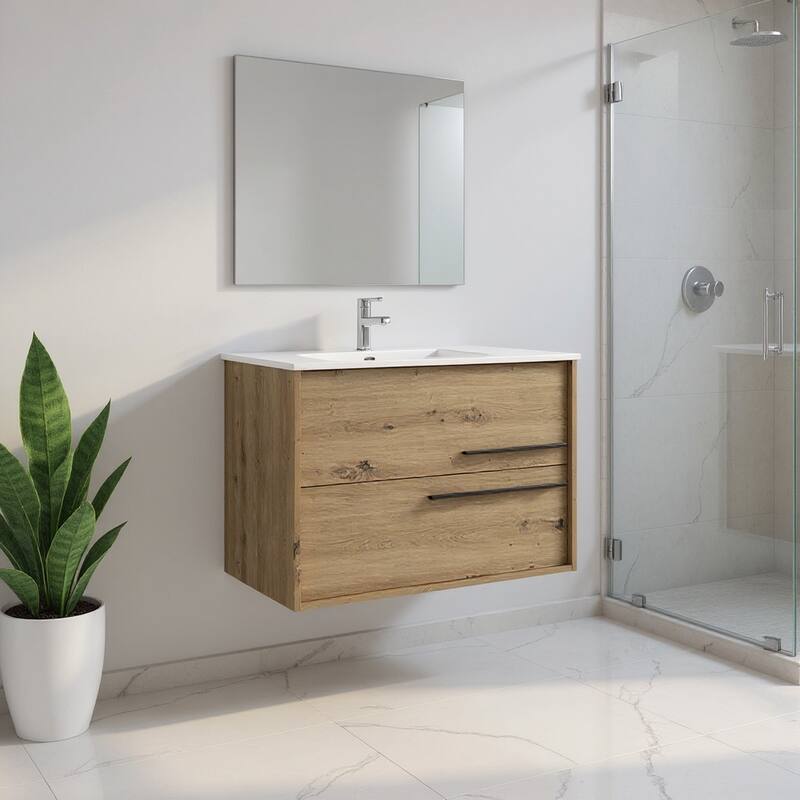 HomeRoots 32" Natural Wood Floating Bathroom Vanity With White Sink And Two Drawers - 32.00 in. x 24.60 in. x 21.60 in. - 32.00 in. x 24.60 in. x 21.60 in. - Polished - Natural
