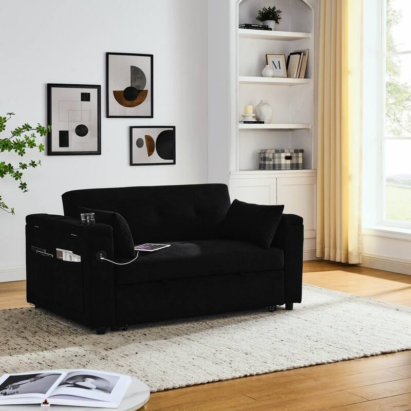 54"W Modern Chenille Sleeper Sofa,Sofa Bed with Storage Armrests and Side Pockets, Adjustable Backrest and Lumbar Pillow - Black
