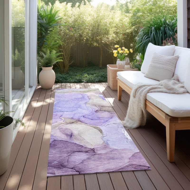 Machine Washable Indoor/ Outdoor Chantille Watercolor Purple Rug - Purple - 2'3" x 7'6"