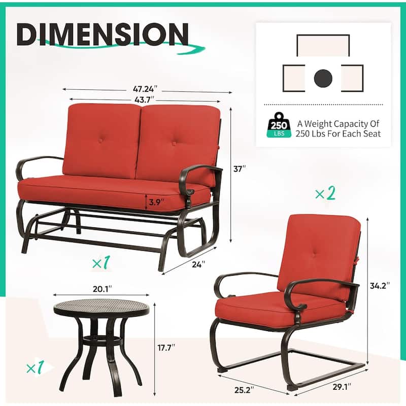 4-Piece Outdoor Patio Glider Loveseat and Rocker Conversation Set with Cushions