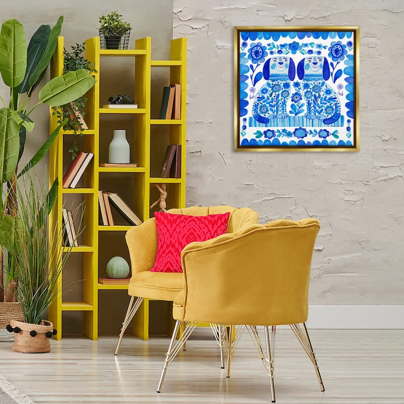 Stupell Blue Folk Style Puppies Framed Floater Canvas Wall Art Design By Kay Widdowson