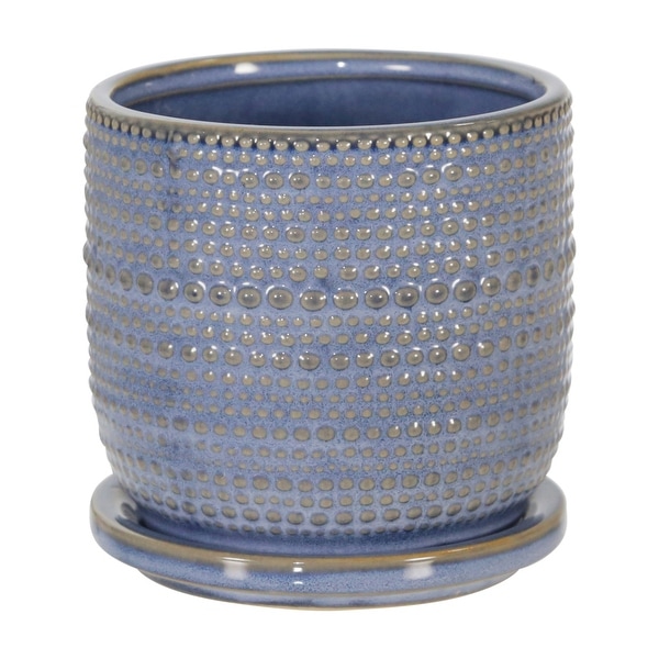 Ceramic 5" Textured Planter W/ Saucer, Blue. Opens flyout.