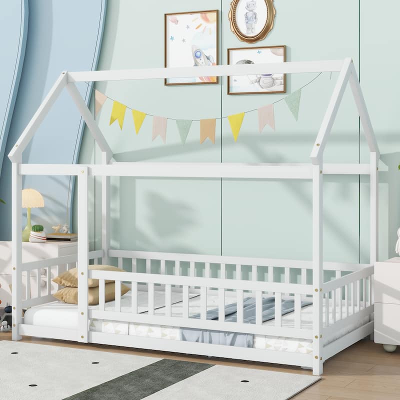 Twin Size Wooden Floor Bed with Roof Frame and Guardrails, Montessori Style Kids House Bed