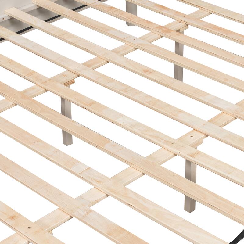 Solid Wood Platform Bed Frame, No Box Spring Needed, Upholstered Headboard Wingback Bed, Wood Slat Support