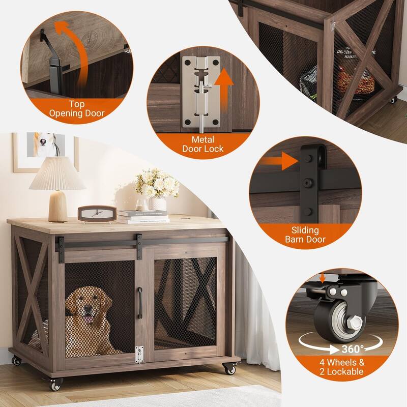Dog Crate Furniture with Sliding Barn Door,Flip Top Furniture Style Dog Crate End Table with Wheels