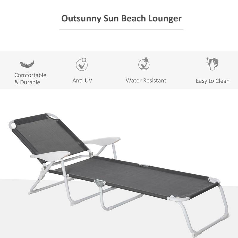 Folding Chaise Lounge, Outdoor Sun Tanning Chair, 4-Position Reclining Back, Armrests