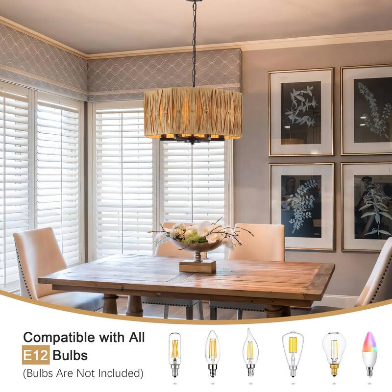 18.89-inch Hawaiian-style 6-light metal chandelier with imitation raffia lampshades and adjustable height