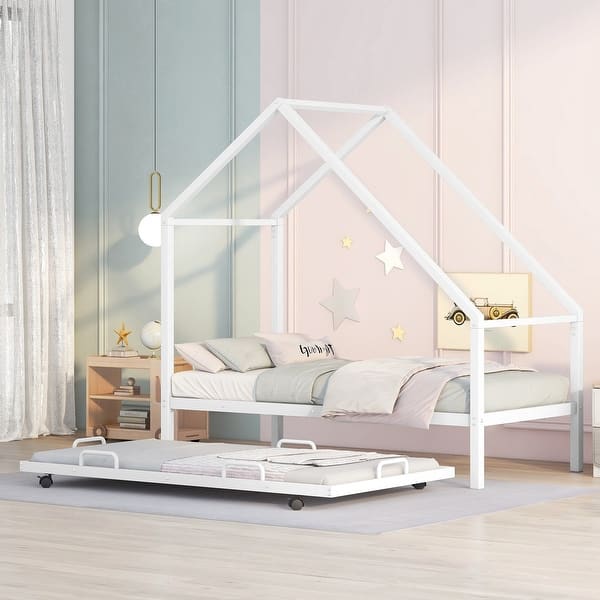 slide 2 of 10, Metal Twin Size House Bed with Trundle - Stylish & Functional Kids' Bedroom Furniture White