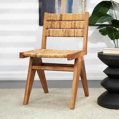 Light Brown Teak Wood Handmade Mid-Century Accent Chair with Wrapped Banana Leaf Seat (Set of 2)
