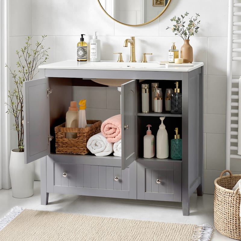 Modern Lacquered Bathroom Organizer Cabinet with Two Drawers and Dual Doors for Storage - 35.82”(H) x 18.11(W) x 32.28 (D)