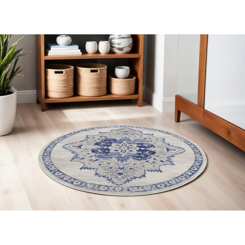 Gocux Power Loomed Geometric Floral Stain Resistant Area Rug By HomeRoots - 60' X '60' X '0.39 - 60' X '60' X '0.39 - Oxford Blue - Round