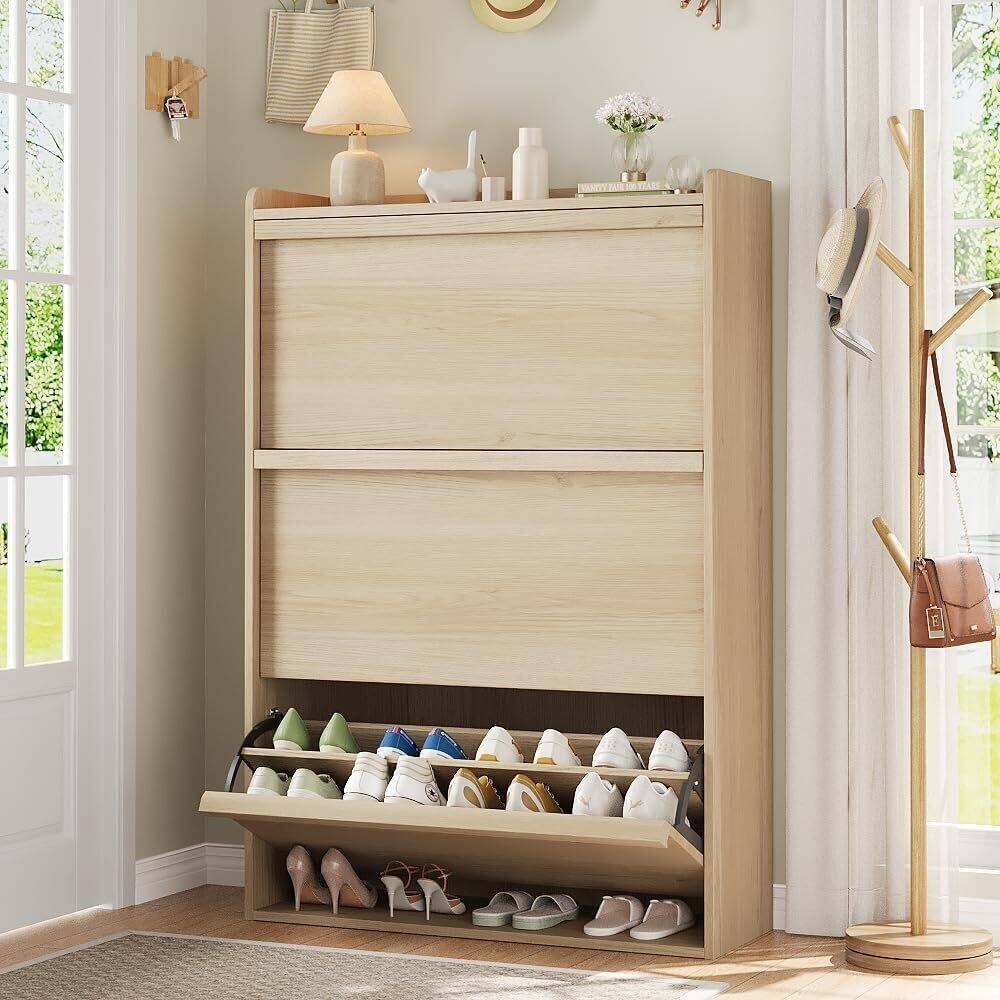 Narrow Shoe Cabinet Organizer with 3 Flip Drawers for Entryway, Hallway, Living Room