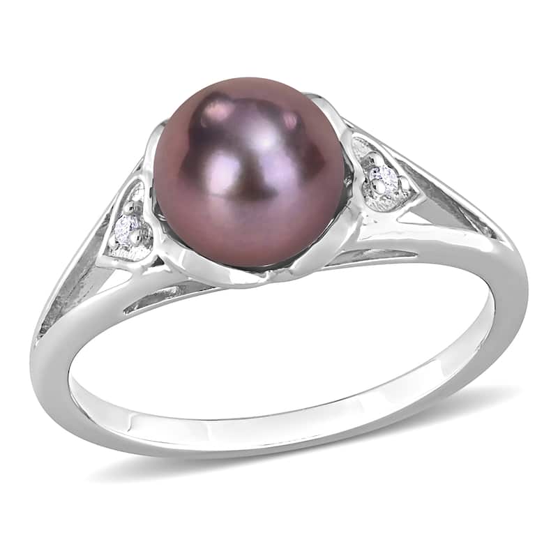 Miadora 7-7.5mm Black Cultured Freshwater Pearl Diamond Accent Heart Ring Sterling Silver