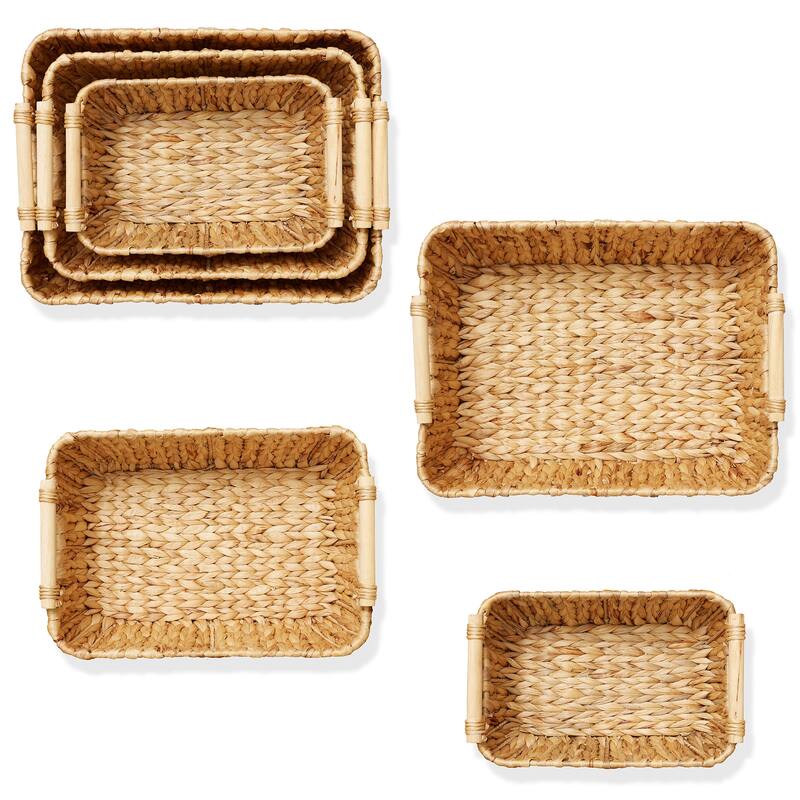 Hyacinth Seagrass Oval Storage Baskets with Wooden Handles Woven Bins