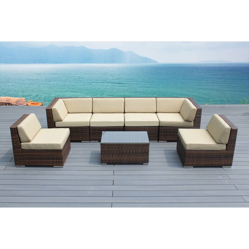 Ohana Outdoor Patio 7 Piece Mixed Brown Wicker Sectional with Cushions - No Assembly - Beige