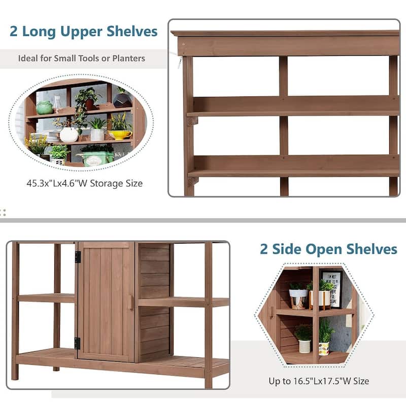 Outdoor Garden Wooden Rustic Potting Bench Table, Patio Storage Cabinet Garden Shed with 2 Drawers, Cabinet and Open Shelves