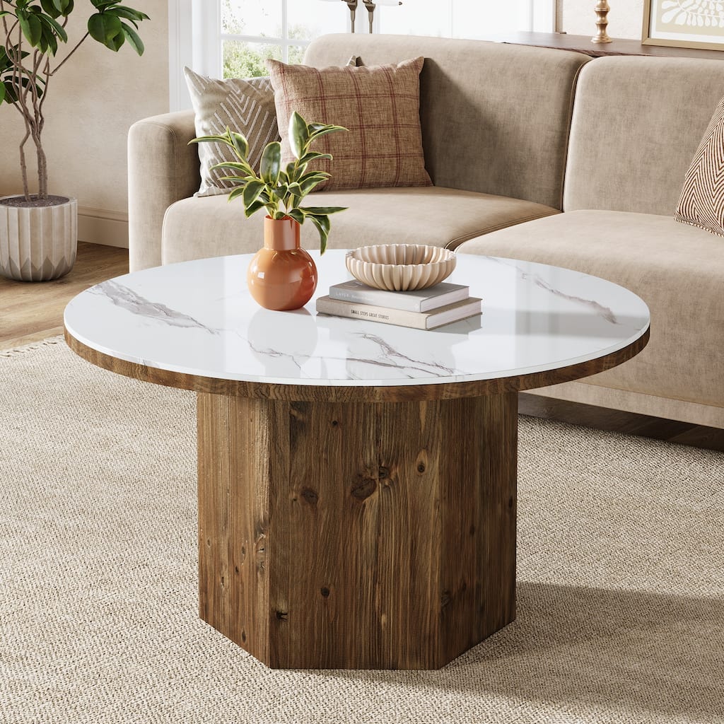Round Coffee Table with Sintered Stone Top and Solid Wood Base