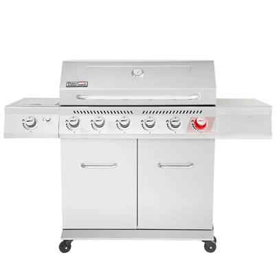 Royal Gourmet Stainless Steel Gas Grill, Premier 6-Burner BBQ Grill with Sear Burner and Side Burner, Silver