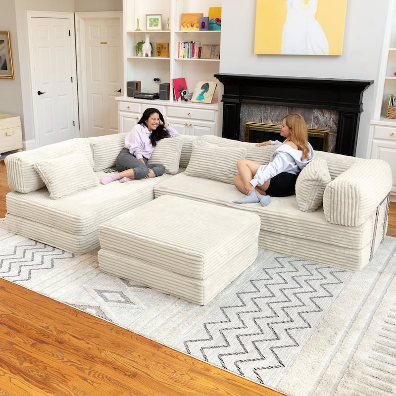 Jaxx Unsofa Modular Convertible Sectional Sofa with Fold Out King Sleeper Bed - U-Shaped Sectional. - Faux Fur Ivory