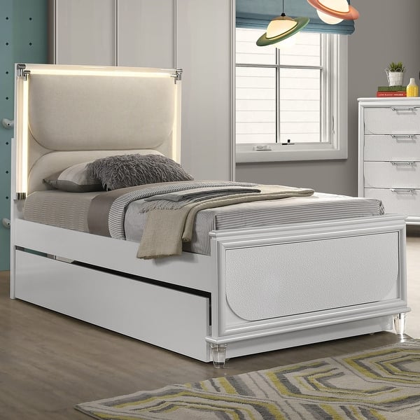 slide 2 of 6, Furniture of America Drima Modern Pearl White Solid Wood Kids Platform Bed with LED Headboard Full