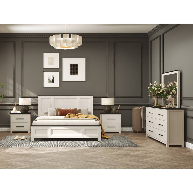 Roundhill Furniture Realynn 5-Piece Wood Bedroom Set, Panel Bed with Dresser, Mirror, and 2 Nightstands, Off-White Finish - Queen