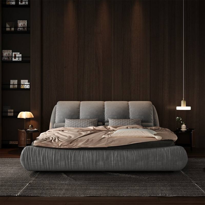 Queen/King Size Upholstered Platform Bed with Oversized Padded Backrest, Low Profile Bed Frame Floor Bed with Thickening Slats