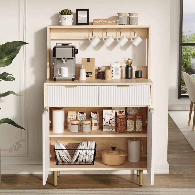 Fluted Sideboard Buffet Cabinet with Storage,Bar Cabinet with 2 Drawers & Adjustable Shelves