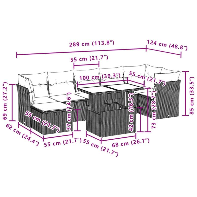 vidaXL Patio Sofa Set with Cushions Outdoor Furniture 8 Piece Poly Rattan - 21.7 x 39.4 x 28.7 in
