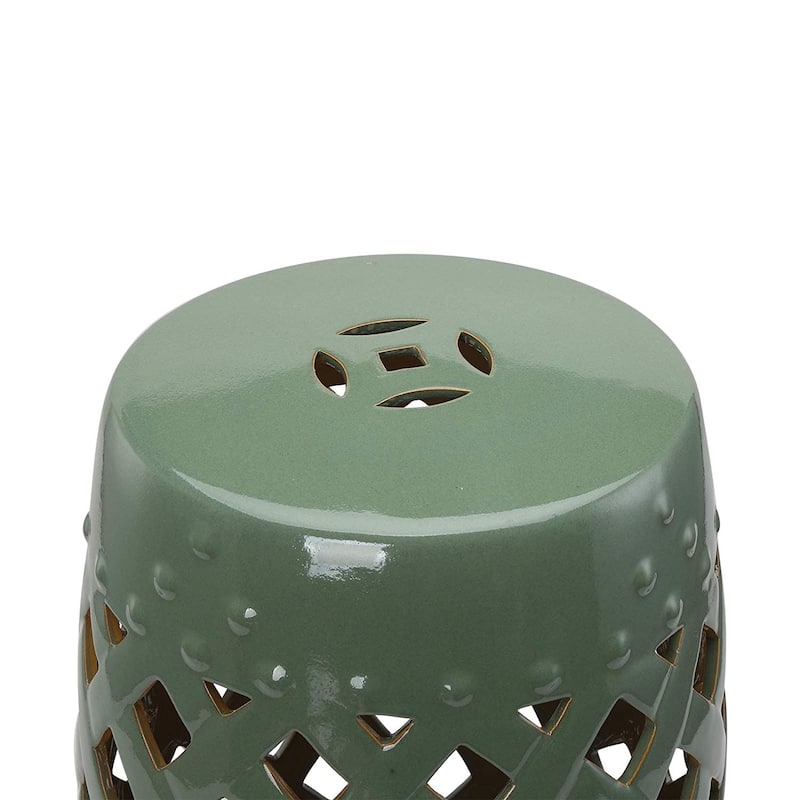 Outsunny 13" Heavy Duty Multi-Use Ceramic Garden Stool / Round Side Table / Foot Rest with Lattice Ring Design Green